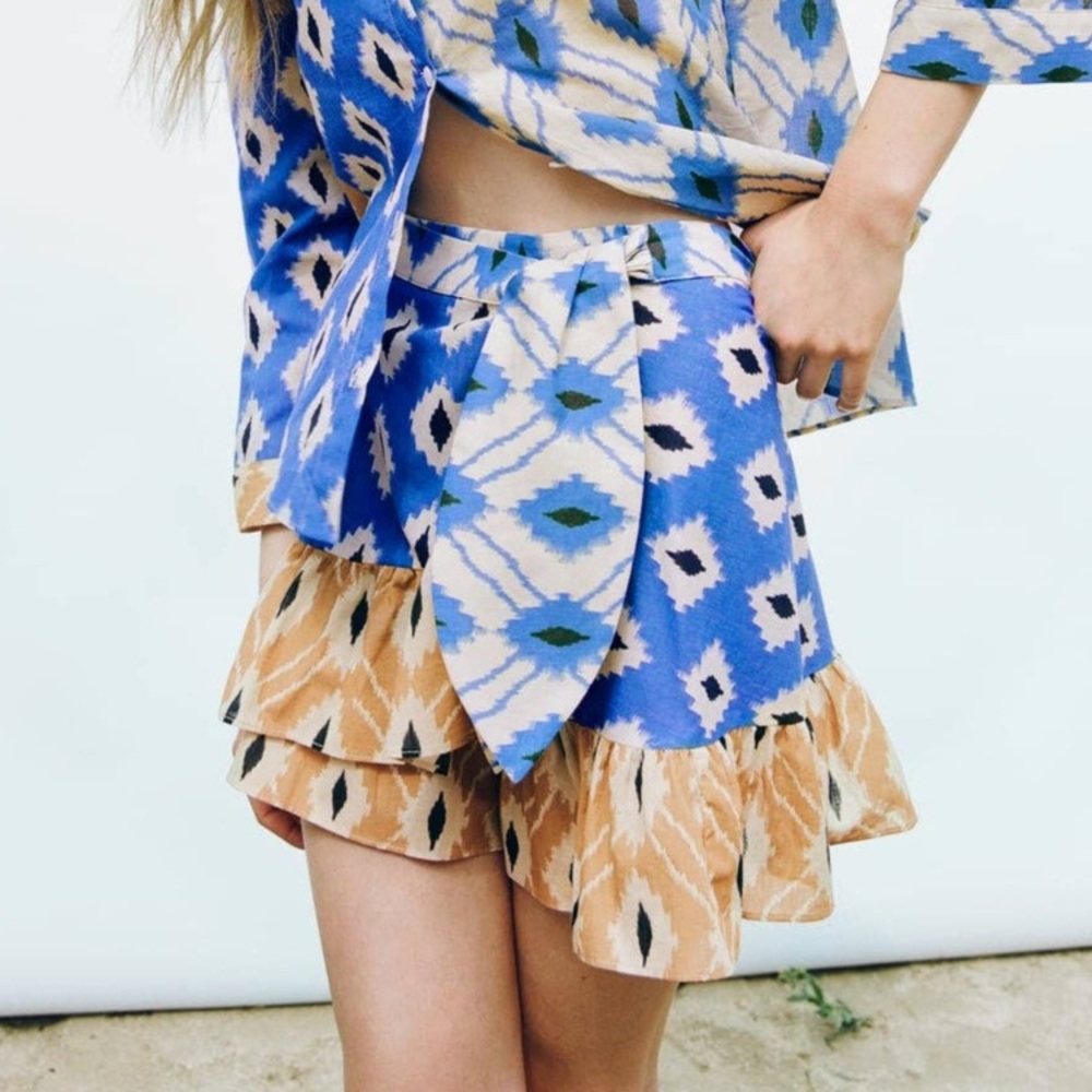 Zara The Astrid Ikat Tiered Ruffle Mini Wrap Skirt Boho Festival Tribal Resort